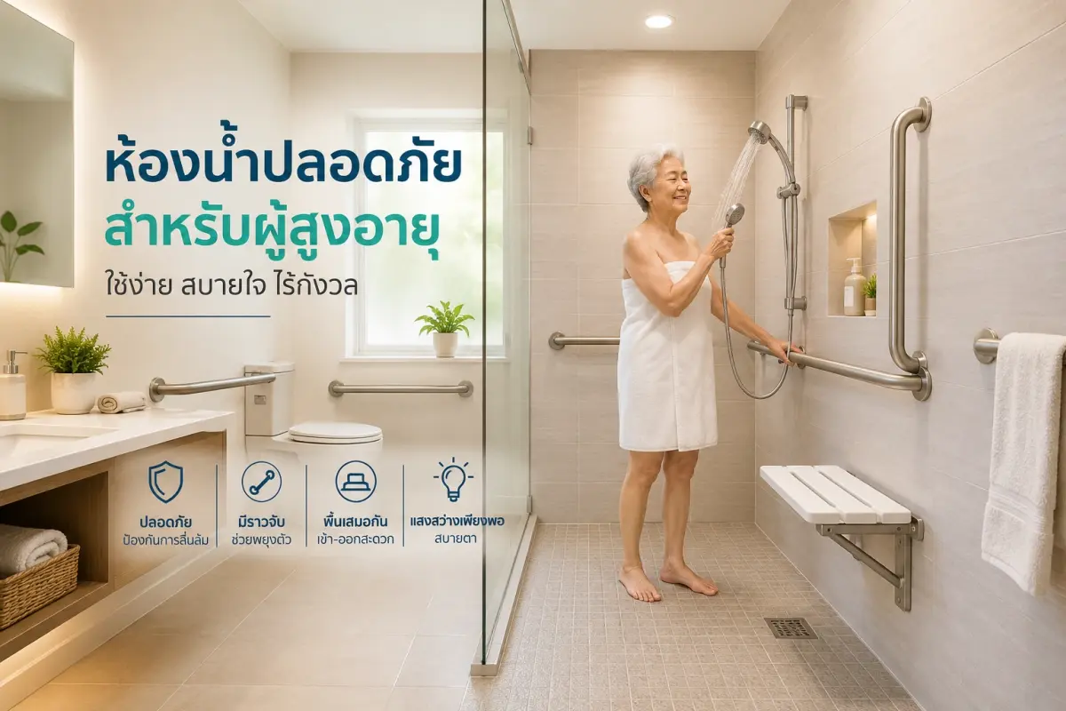 แนวทางการออกแบบห้องน้ำผู้สูงอายุ เน้นความปลอดภัยด้วยพื้นระดับเดียวกันและวัสดุกันลื่น